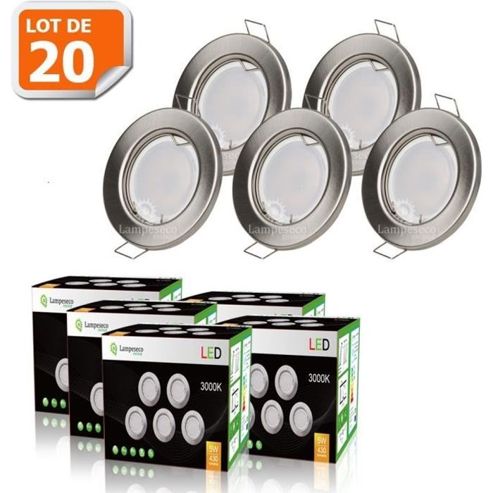 LOT DE 20 SPOT LED ENCASTRABLE COMPLETE RONDE FIXE ALU BROSSE eq. 50W BLANC CHAUD