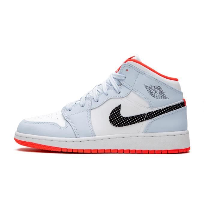Baskets Niike Air-Jordan 1 Mid GS-Half Blue-Black-White- AJ1 555112-400 Femme et Homme