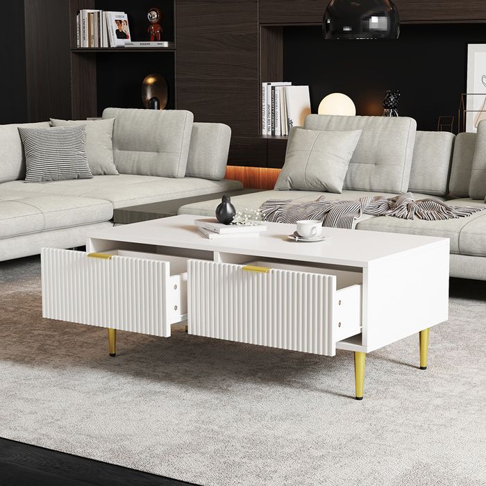 Table basse avec décoration dorée 2 tiroirs vertical à rayures 100x50x40 cm blanc Table basse avec décoration dorée 2 tiroirs vertical à rayures 100x50x40 cm blanc