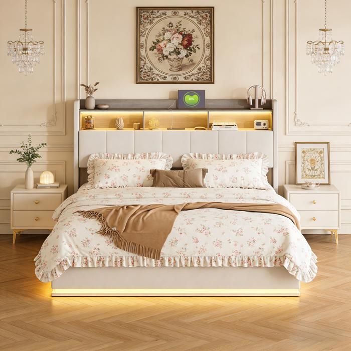 Lit coffre double 160x200 cm avec LED et fonction de charge Lit rembourré avec sommier à lattes Lit adulte velours blanc