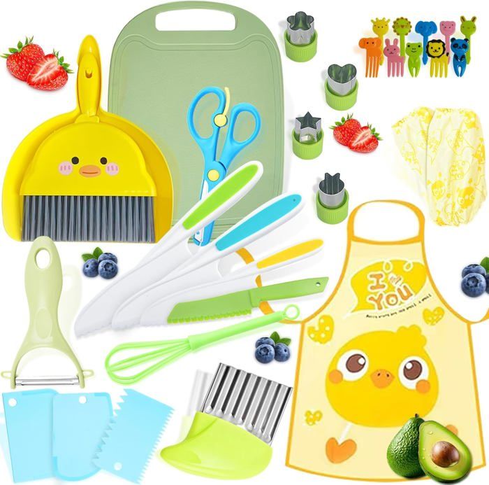 Kit Couteaux De Cuisine Pour Enfants 10 Pièces - Couteaux Sécurité Bois Et Plastique Avec Planche Et Accessoires
