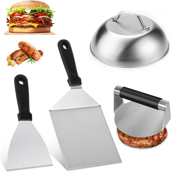 Set De 2 Spatules De Grill En Acier Inoxydable Avec Manche En Bois - Grande Spatule + Grattoir - Papier Burger Inclus