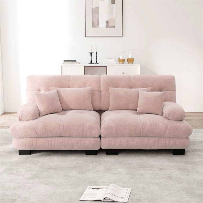 DRIPEX Canapé 2 places Moderne en chenille avec 2 coussins lombaires et 2 coussins décoratifsstructure en bois massifRose