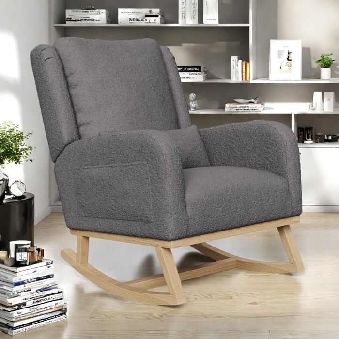 Fauteuil à bascule Rocking chair de salon Chaise à bascule avec accoudoirs Style moderne Tissu Pieds en bois massif Gris