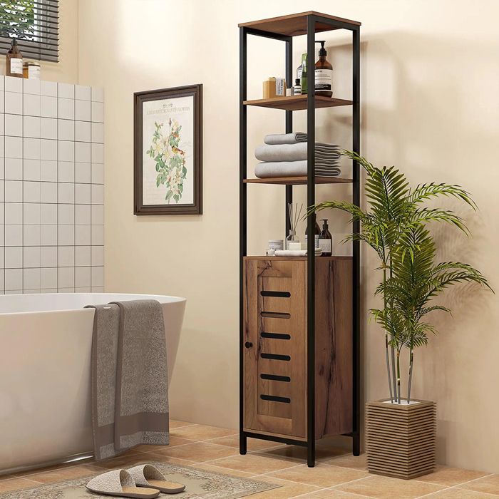 Colonne salle de bain industrielle - 3 étagères + porte à lamelles Marron rustique Colonne salle de bain industrielle - 3 étagères + porte à lamelles Marron rustique