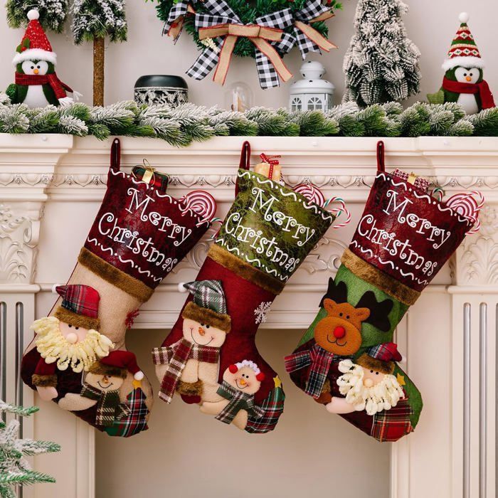 4 Pièces Chaussettes De Noël à Suspendre - Bas Décoratifs Père Noël, Renne Et Bonhomme De Neige