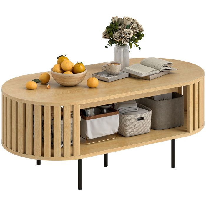 Table basse - HOMCOM - ovale - avec rangement - coins arrondis - design lattes - pieds acier - 100 x 50 x 40 cm - effet bois naturel Table basse - HOMCOM - ovale - avec rangement - coins arrondis - design lattes - pieds acier - 100 x 50 x 40 cm - effet bois naturel