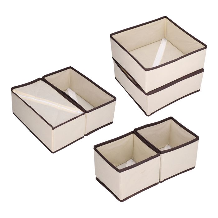 6 boîtes rangement chaussettes sous-vêtements bureau - Tissu à carreaux beige