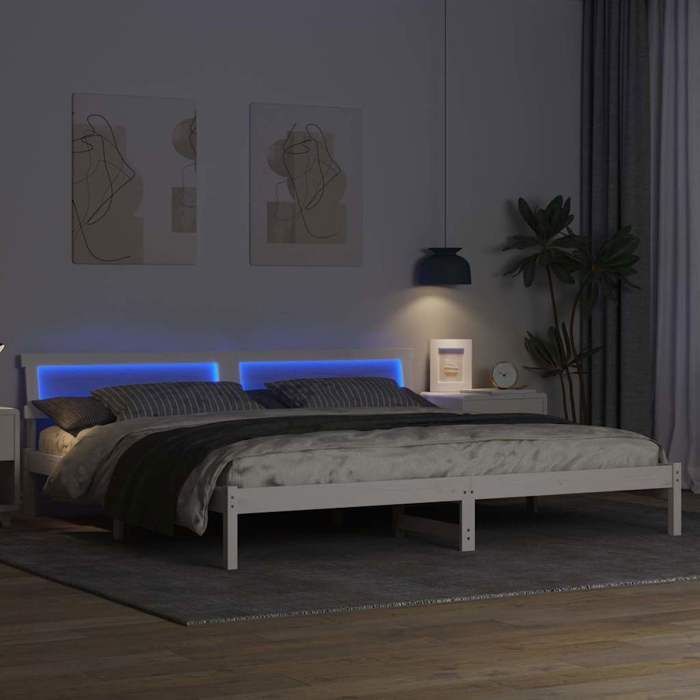 Structure de lit avec tête de lit - UU - 200x200 cm - Pin massif - Blanc - Cadre à lattes - Capacité USB