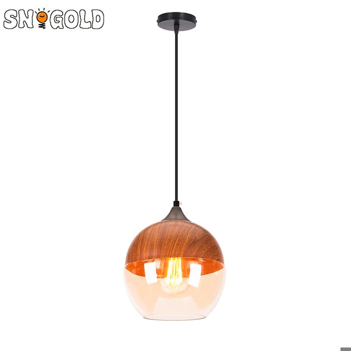 SNOGOLD Suspension Rétro Industriel Vintage Lustre Abat-jour en Verre et Imitation Bois E27 Luminaire pour Salon Chambre - A