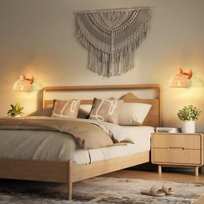 Applique murale intérieure - Lot de 2 Ø20 cm - Bois & rotin blanc - E27 réglable - Style nordique vintage