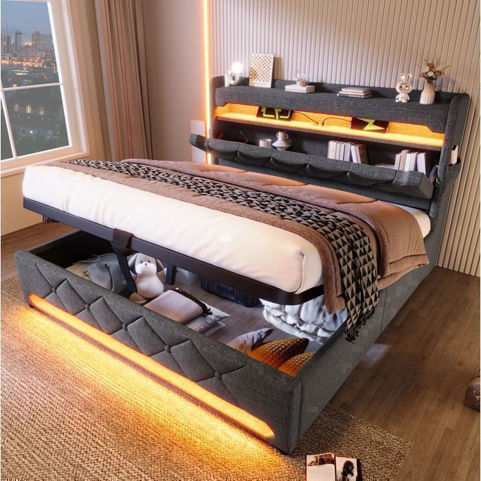 Lit coffre adulte 160x200 cm avec LED 360° ports USB/Type‑C coffre de rangement hydraulique lin gris