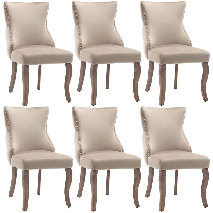 Chaises Salle à Manger - Lot de 6 avec Dossier Haut Accoudoirs Revêtement Velours Piètement Bois Massif Beige 50x52x91 cm
