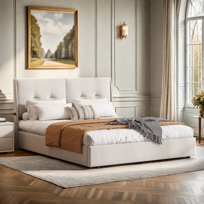 Lit coffre - URBANLUXE - Lit coffre 160 x 200 cm - Velours beige - Rangement hydraulique - LED intégrée
