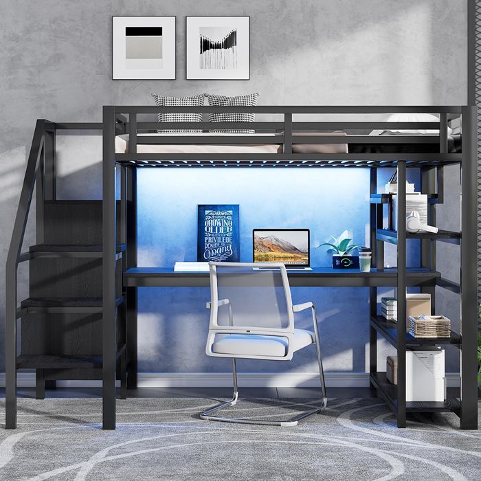 Lit mezzanine - 140x200 cm - Métal noir - Escalier/rangement & bureau intégré - LED RGB + USB