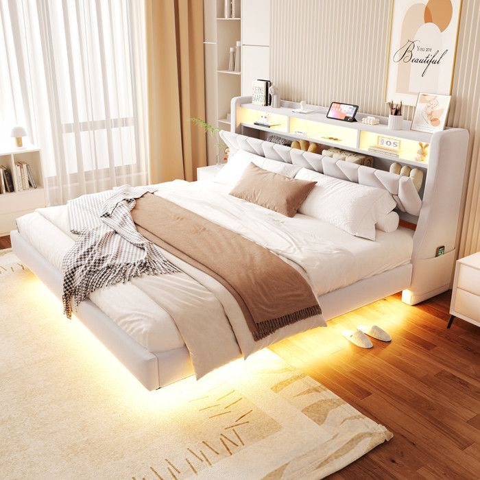 Lit 180x200 cm avec Sommier Lit Double avec Prise et LED Lit Enfant avec TêTe de Lit de Rangement Lit 2 Personnes Beige
