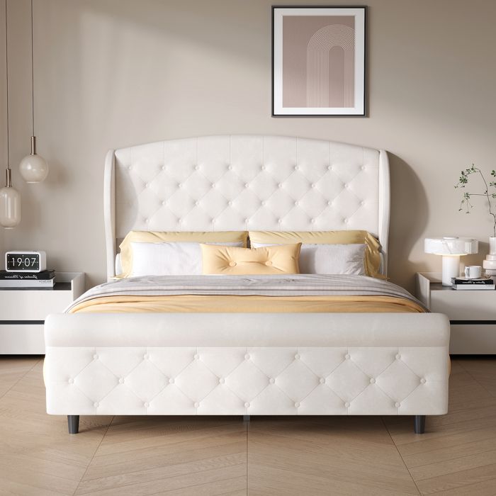 Lit 140x200 avec Sommier Lit Double Rembourré en Velours Beige avec Boutons Cristal Cadre de lit pour Adultes 2 Personnes