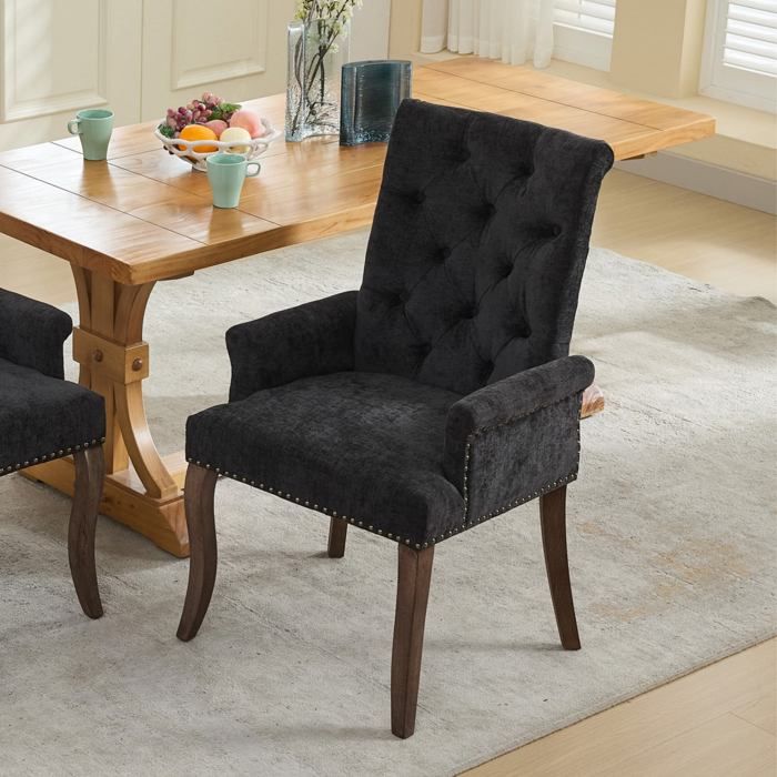Fauteuil capitonné vintage en chenille - Fauteuil à oreille - Incrustation de clous - bois massif - 69 x 57 x 100 cm - noir