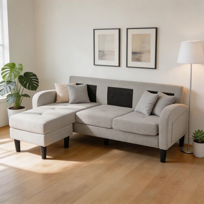 Canapé dangle - Design modulaire - 3 places réversible - Tissu coton-lin gris - 166 x 118 x 77 cm