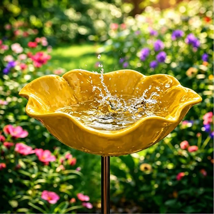 Bain dOiseaux Extérieur Jaune Foncé Vasque Jardin sur Pied Abreuvoir et Mangeoire Oiseaux pour Terrasse Jardin