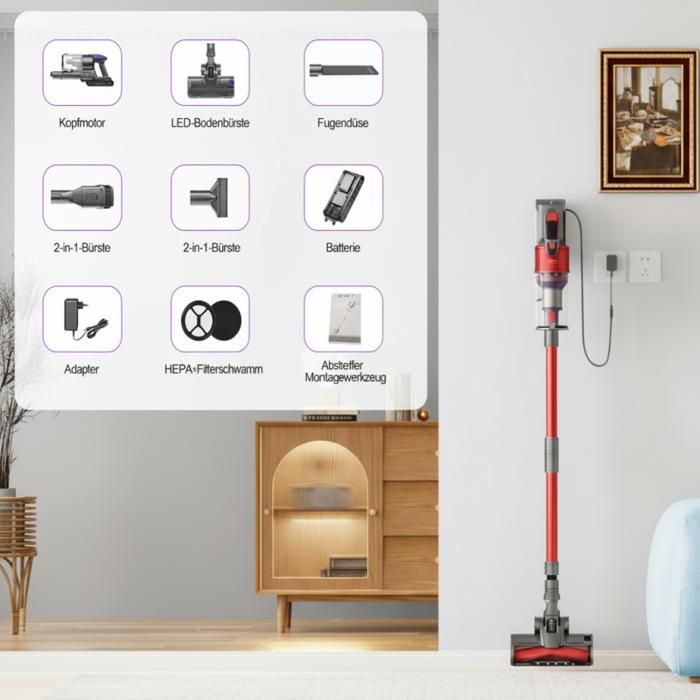 Aspirateur balai sans fil brosse anti enchevêtrement 800W 75000Pa bac 2L 70min filtre 7 étapes 10 en 1 LED Aspirateur Balai