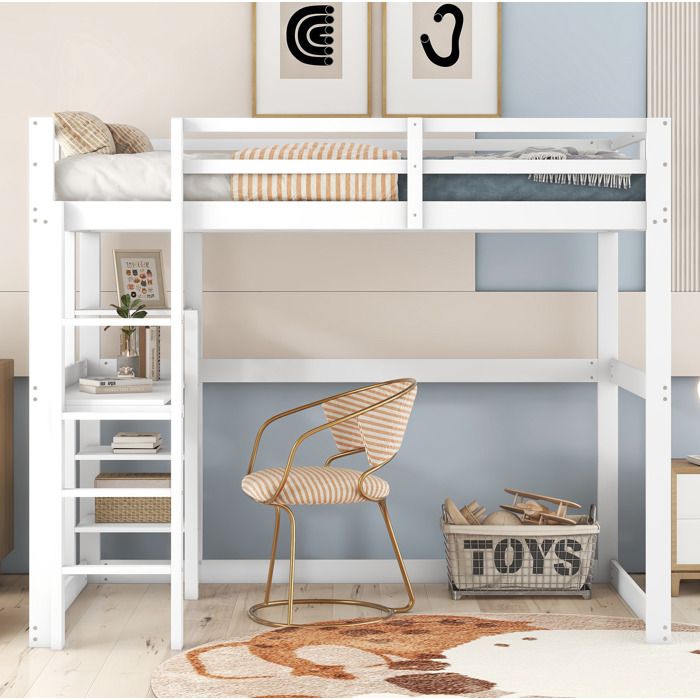 COVREO Lit mezzanine enfant 140 x 200 cm avec bureau 4 étagères pin et MDF blanc antique