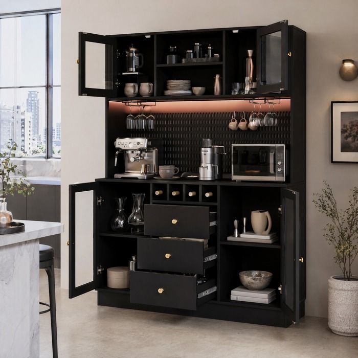 Buffet haut noir 140 x 40 x 185 7 cm avec vitrine en verre LED 3 tiroirs range-bouteilles et porte-verres