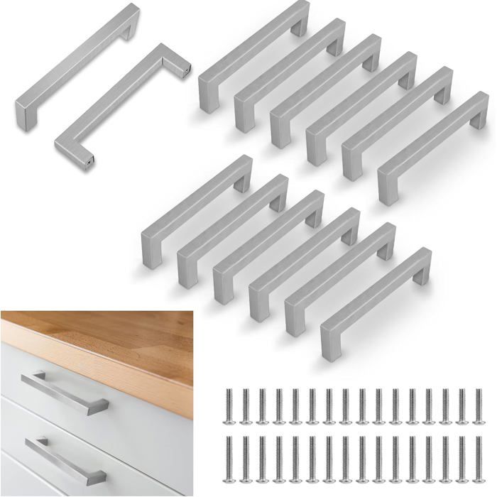 Poignées de meuble design carré - Lot de 12 - Finition brossée argent - Inox 201 - Entraxe 128 mm - Longueur 140 mm