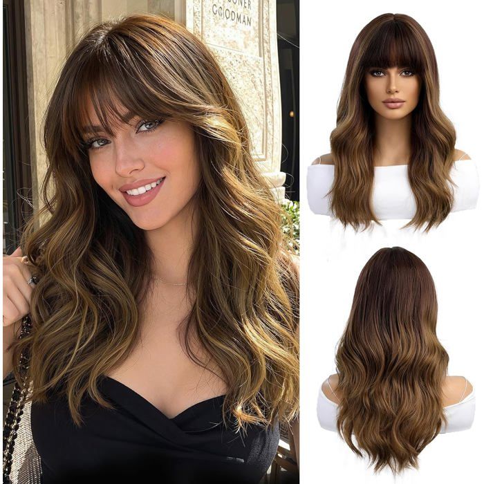 20 Pouces Longues Boucles Naturelles Perruques Brunes Ombrées Noires Pour Femmes Cheveux Synthétiques Naturels Résistant À L[CA117]
