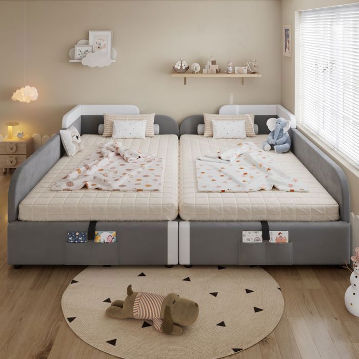 Lit Rangement Enfant - SOGEU - Lit combiné rembourré - Velours gris - 2x90x200 cm - Coffre hydraulique