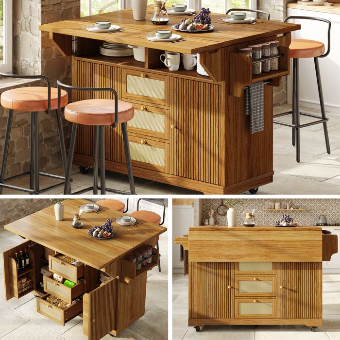 Chariot de cuisine extensible 142x80x95cm marron plateau rabattable tiroirs PE rotin rangements hauteur ergonomique 95cm 60kg