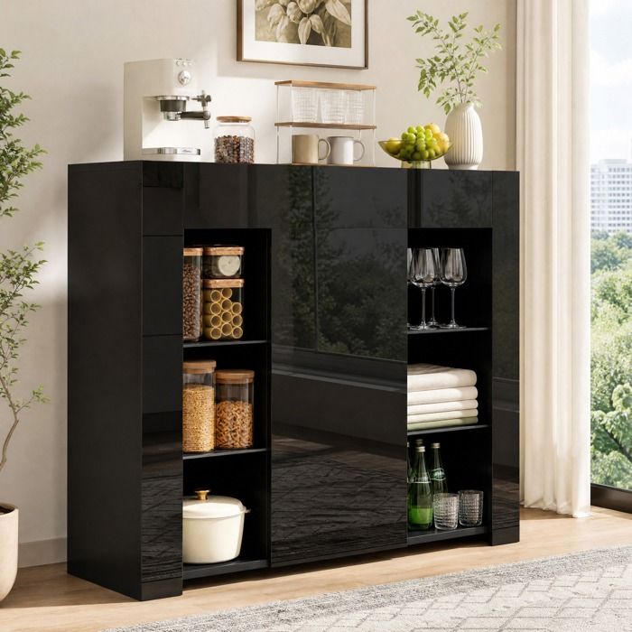 Buffet bas noir 1 porte et étagères en verre - MODENVIE - pour salon panneau de particules 95×35×83 cm