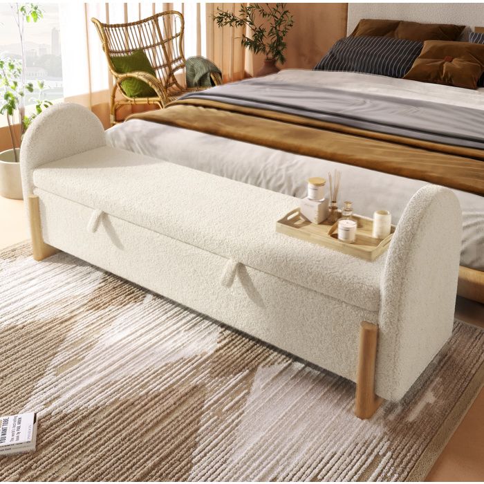 Banquette Coffre Bouclé Blanc Banc De Lit Design FloraGrace Pour Chambre Avec Rangement Hydraulique 186x47x61cm