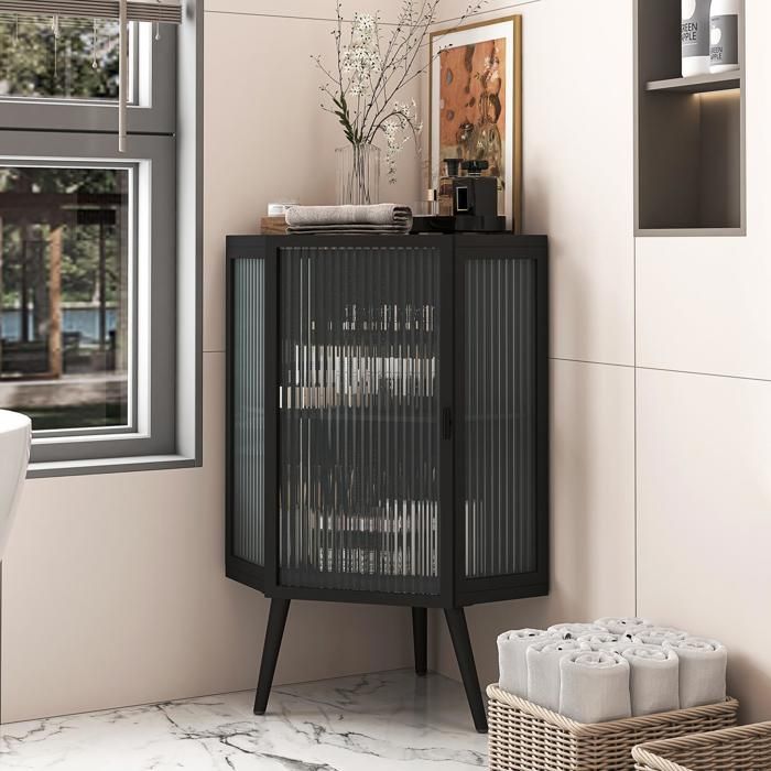 Armoire dangle pour Salle de Bain Portes en Verre Trempé et étagères de Rangement Meuble Salle de Bain 56 x 42.5 x 80cm Noir