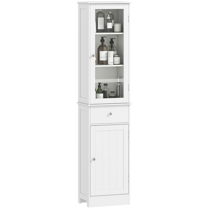kleankin Meuble Colonne de Salle de Bain Placard Porte Acrylique 2 étagères Placard Porte 1 étagère tiroir MDF Blanc