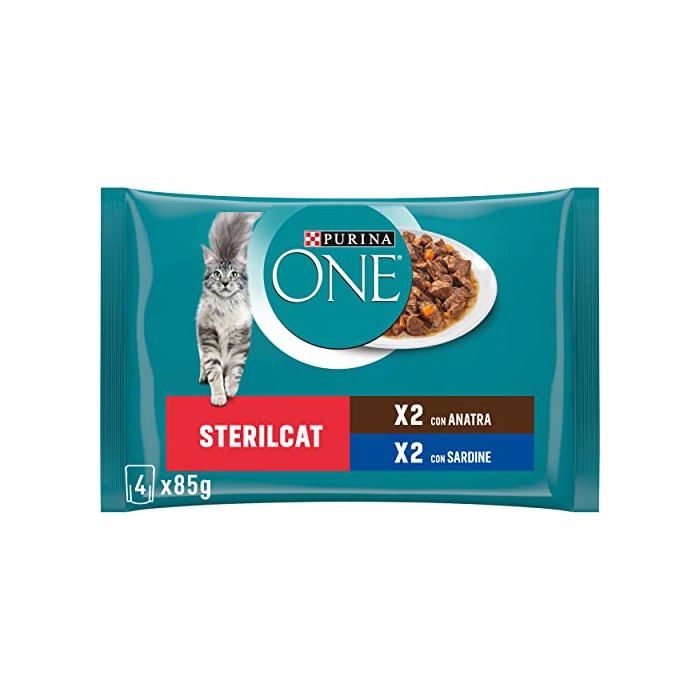 Aliment humide pour chats stérilisés - PURINA ONE - Filettini en sauce Canard & Sardines - 4x85 g - Stimule appétit - Oméga‑3/6
