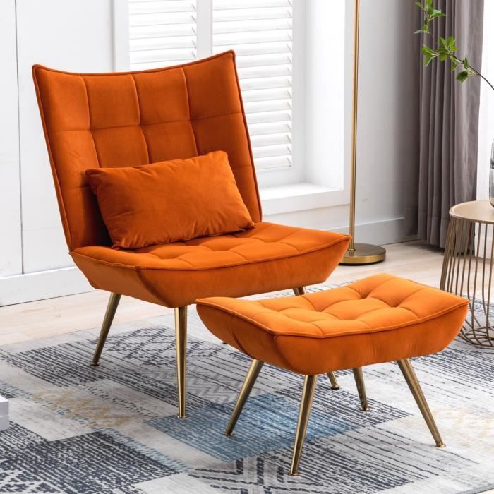 wahson fauteuil scandinave en velours fauteuil salon avec repose-pieds fauteuil relaxation rembourés pour salon ou chambre,orange