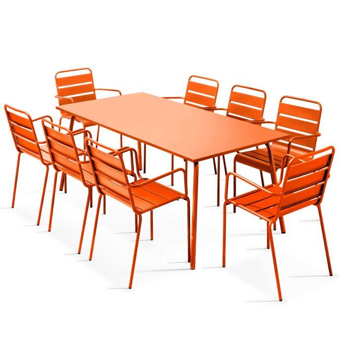 Table de jardin rectangulaire et 8 chaises avec accoudoirs en métal