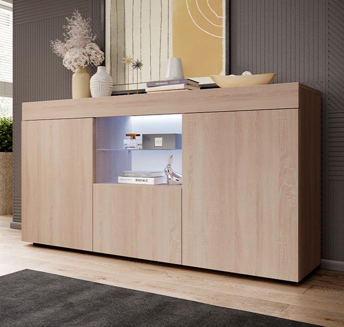 Design Ameublement - Buffet Bahut SEFORA LED - 3 portes - Sonoma Mat - 135x72x34cm