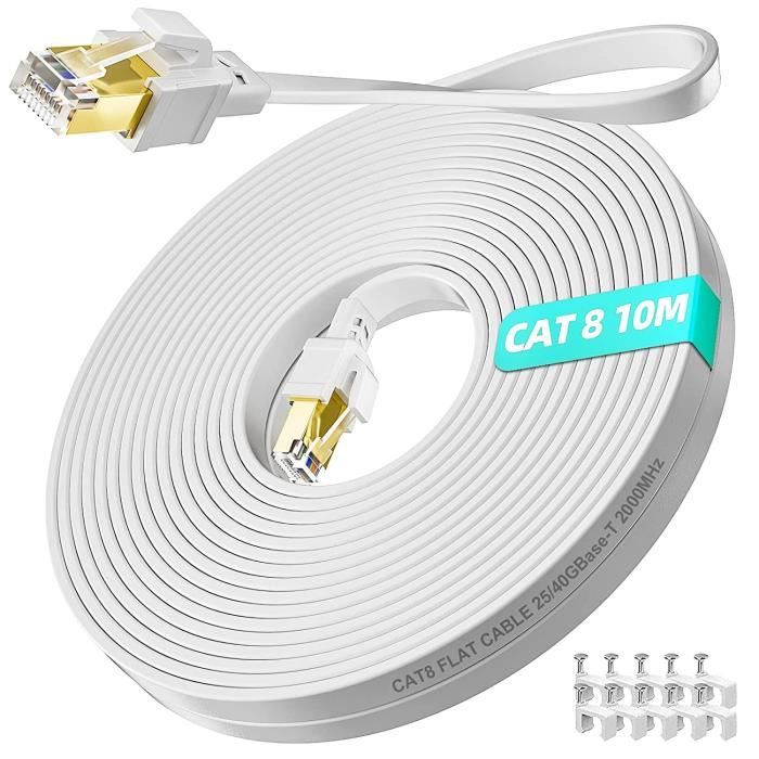 Autech® 10M Cat 8 RJ45 Câble Ethernet Plat, SSTP Blindé 40Gbps 2000MHz ...