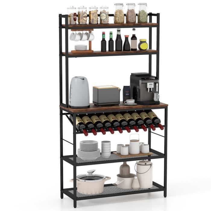 costway étagère de cuisine pour four à micro-ondes avec casier à vin pour 10 bouteilles, desserte de cuisine avec pieds réglables