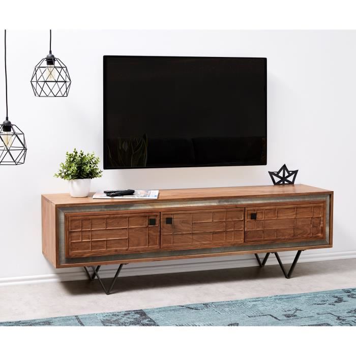 meuble-tv stonegrace acacia marron 3d 150 cm 3 portes pied en v noir lowboard