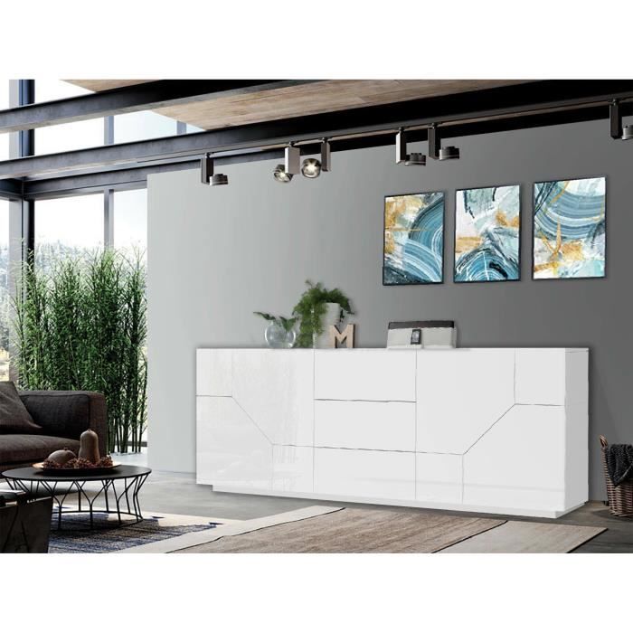 dmora - placard sebastian, buffet de cuisine avec 4 portes et 3 tiroirs, buffet de salon, cm 220x43h86, blanc brillant