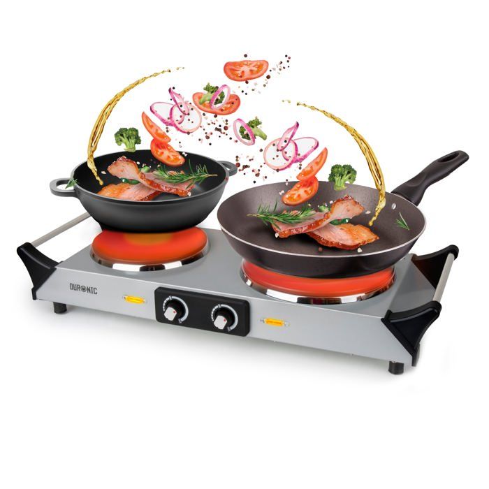 Duronic HP2 SS Plaque de cuisson électrique 2500W avec 2 foyers 20 et 15 cm Foyers en fonte 20 et 15 cm Réchaud avec thermostat régl