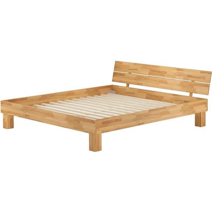 Lit adulte en hêtre naturel 160x200 style moderne avec sommier à lattes 60.80-16