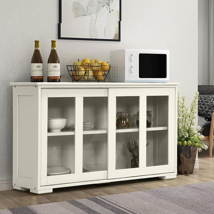 GIANTEX Buffet de Cuisine avec 2 Portes Coulissantes en Verre Trempé+ Étagère Réglable Vaisselier/Meuble de Rangement Cuisine Beige