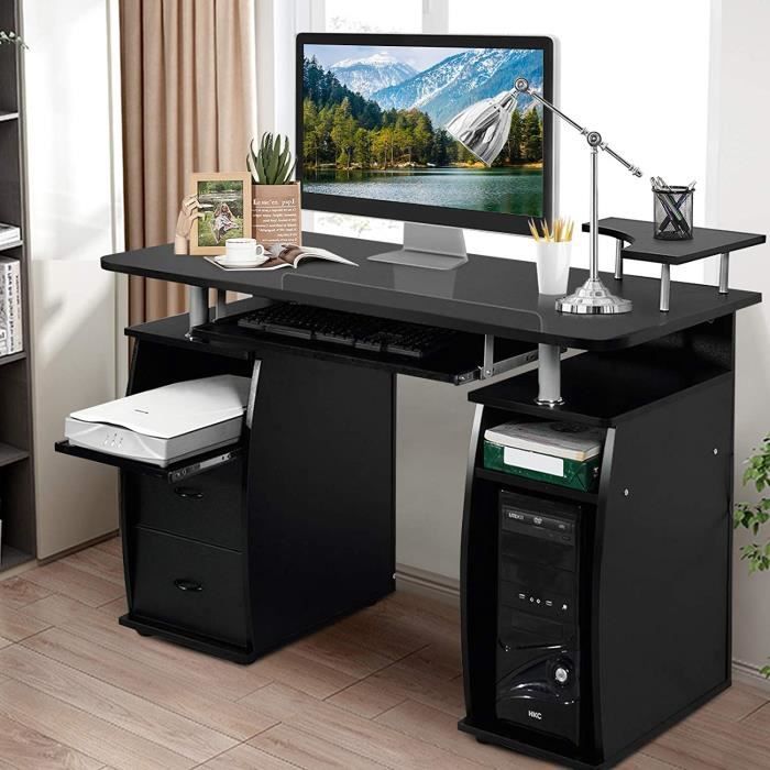 giantex bureau informatique d'ordinateur avec 2 tiroirs+support clavier coulissant+support imprimante,pour chambre,salon,étude,noir