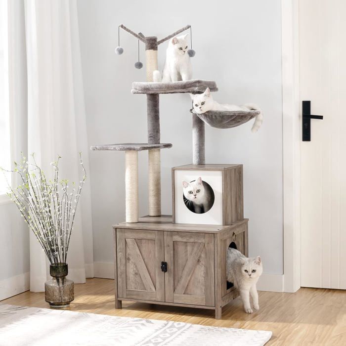 Arbre à Chat - HOOBRO - avec Maison de Litière -Tour et Mobilier dIntérieur Tout-en-Un -Bâton Taquin à Pompon Amovible - Grège