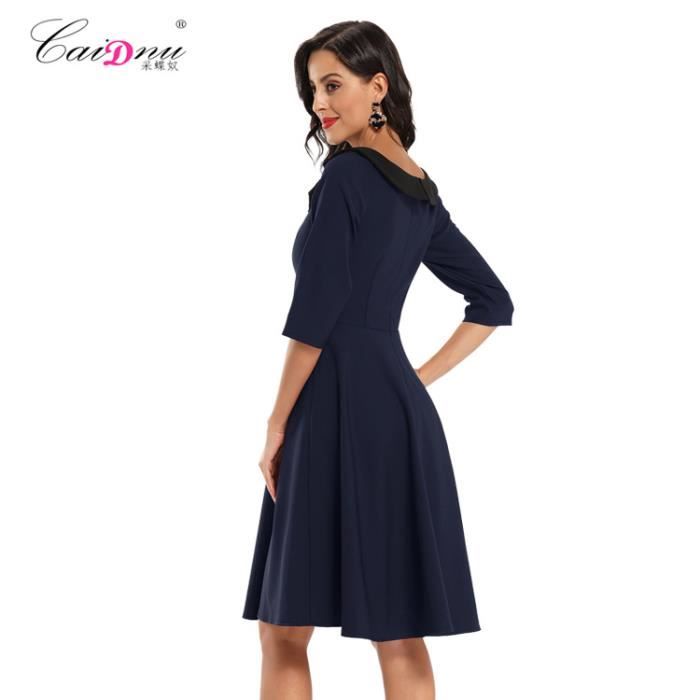 Robe Femme mi longue Col ras du cou Vintage Confortable Classique Mode elegant Chic Glamour Bleu GOGUQ Bleu Cdiscount Pret a Porter