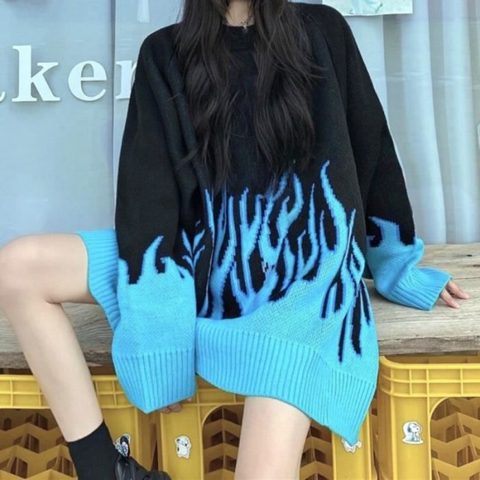 PULL Gagaok Lache Harajuku Femmes Pull Top En Tricot Printemps Automne Flamme Pulls Mode Feminine Longue Tenue Type blue thin Blanc Cdiscount Pret a Porter